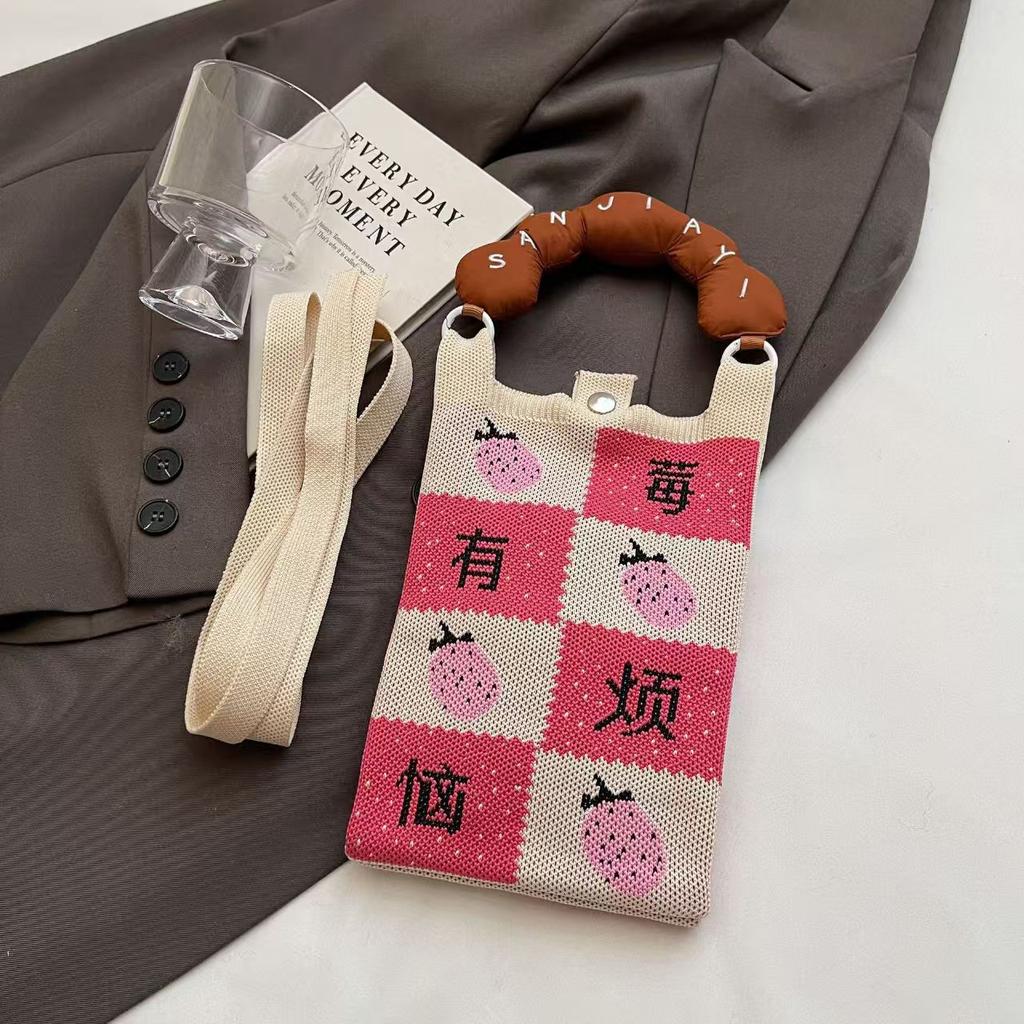 Sommer Damen Niedliche Mini-Tasche Vielseitige Mode Handytasche Cartoon Gestrickte Handtasche Umhängetasche Umhängetasche