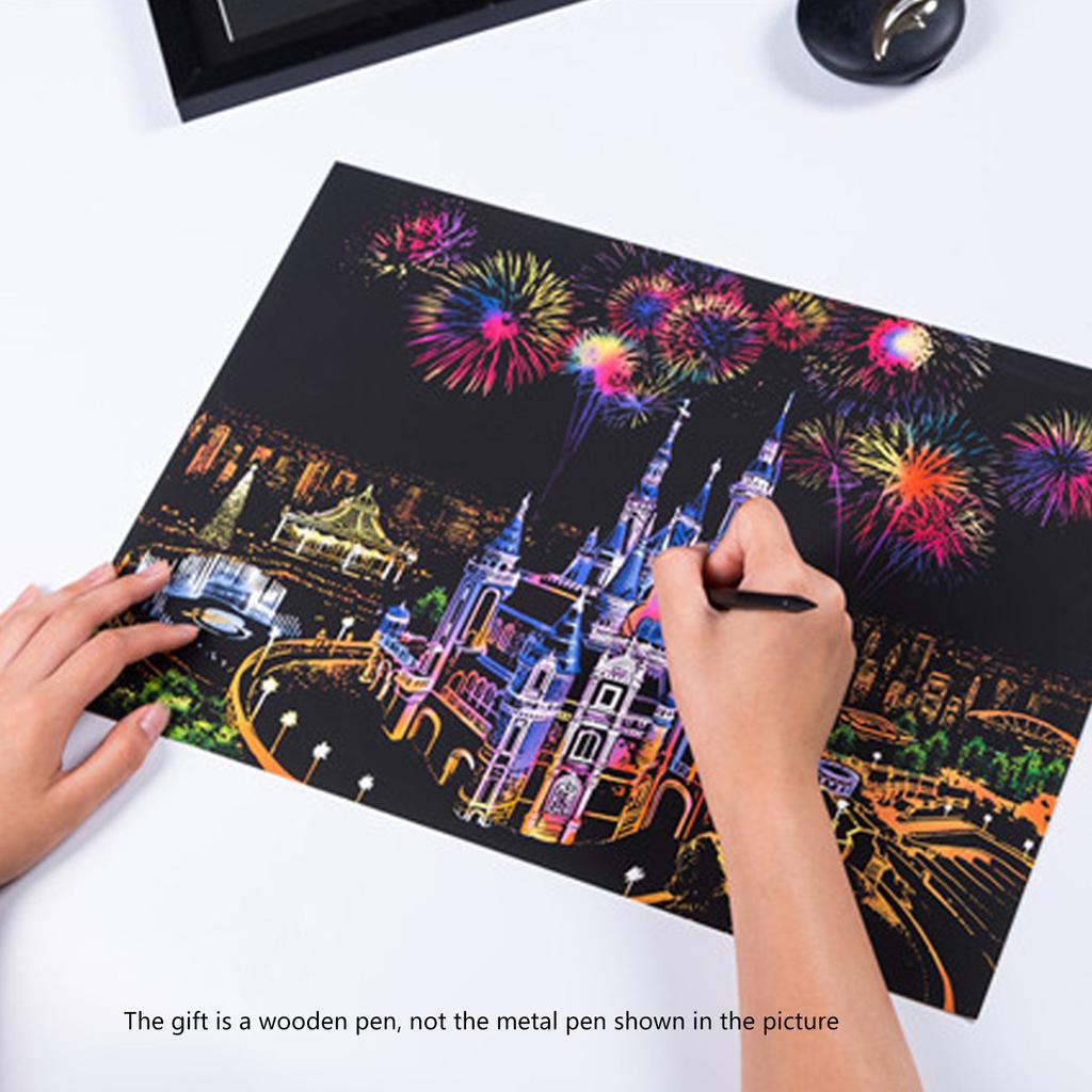 Yetişkinler için Kazıma Boyama Kitleri Şehir Gece Manzarası Kazıma Sanatı Boyama Gökkuşağı Eskiz Defteri Kendin Yap Sanat El Sanatı Manzara Boyama