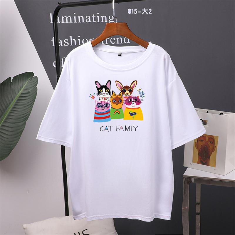 Cat Family Printed Cotton Cartoon T Shirts Women Summer Harajuku Kawaii Loose Tees for Girl Short Sleeve Casual Female Tops