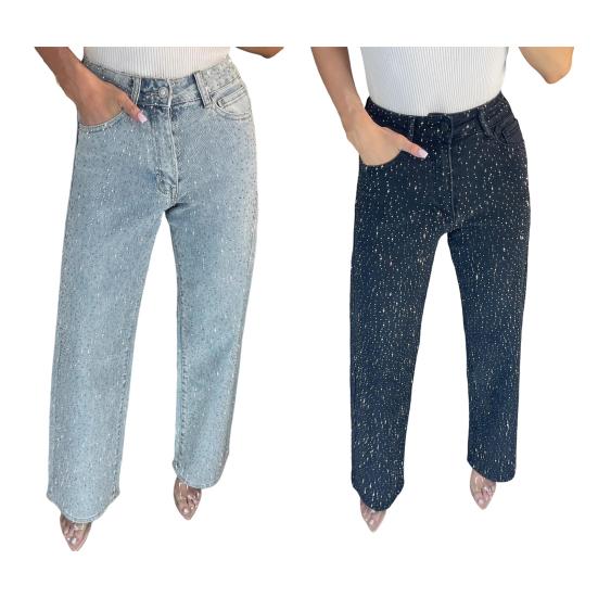 Faux Pearl Jeans for Women High Waist Straight Leg Stretch Denim Pants Casual Wide Leg Beaded Baggy Pants