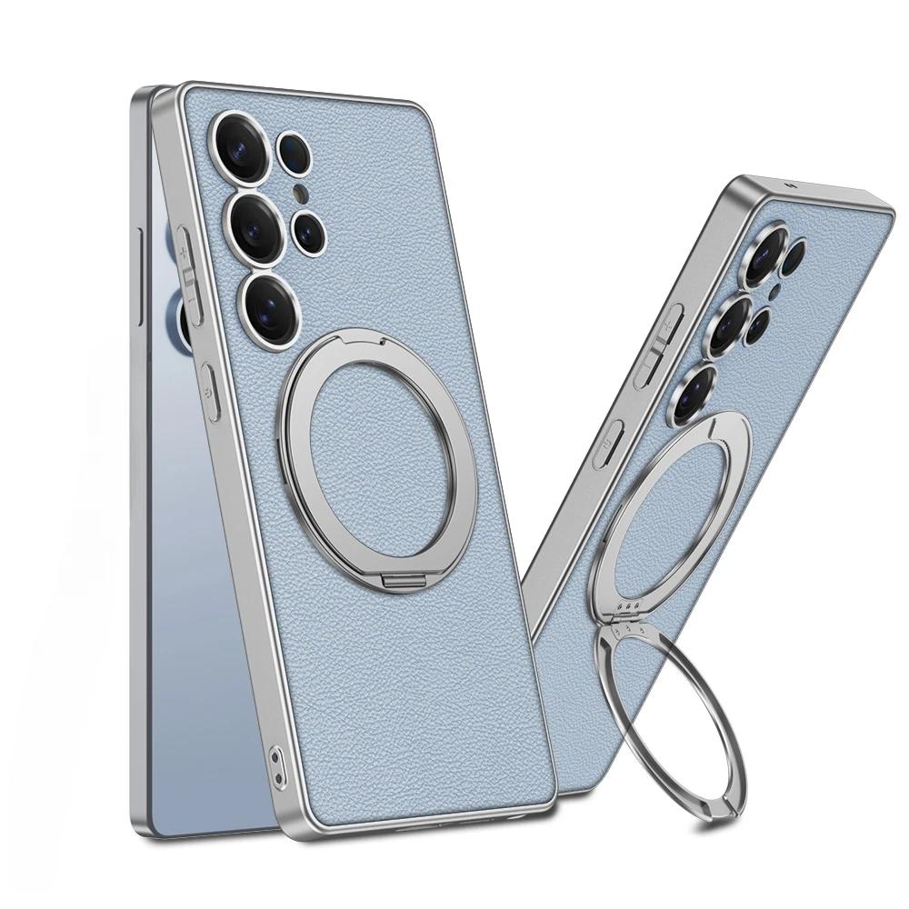 Magnetic Rotating Bracket Phone Case for Samsung Galaxy S25 Ultra Electroplate Leather Holder Shockproof Protective Cover