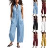 Women’s Solid Sleeveless Jumpsuit with Stand Collar Button Front and Pocket Loose Fit Casual Romper for Daily Wear