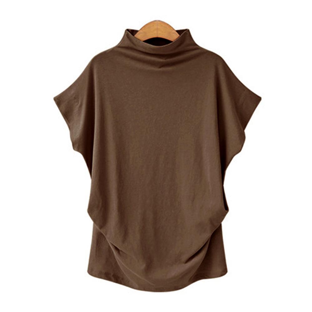 Plus Size Women's Solid Batwing Sleeve T-Shirt - Half-High Collar, Loose Fit, Polyester-Cotton Blend, Short-Sleeve