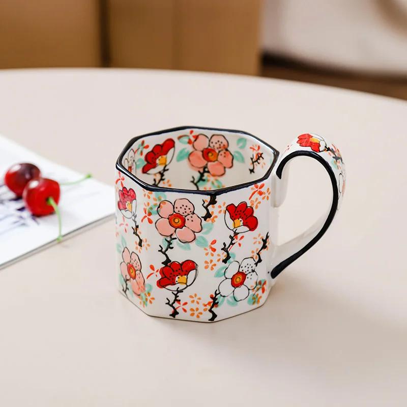 

400ML Retro Flower Mug Ceramic Coffee Cup Polygon Milk Tea Cup Kitchen Bar Supplies Breakfast Milk Mug Office Drinking Cup 400ML