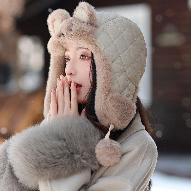 Rabbit Ears Warm Child Women Autumn and Winter Fleece Thick Pullover Ear Protector Cotton Cap Ski Riding Cap