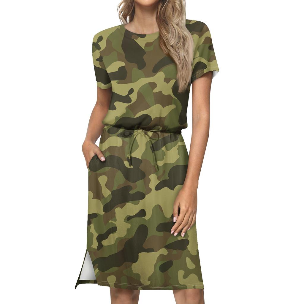 Women's Lashionable Loose Fitting Casual Printed Round Neck Short Sleeved Drawstring Pocket Dress