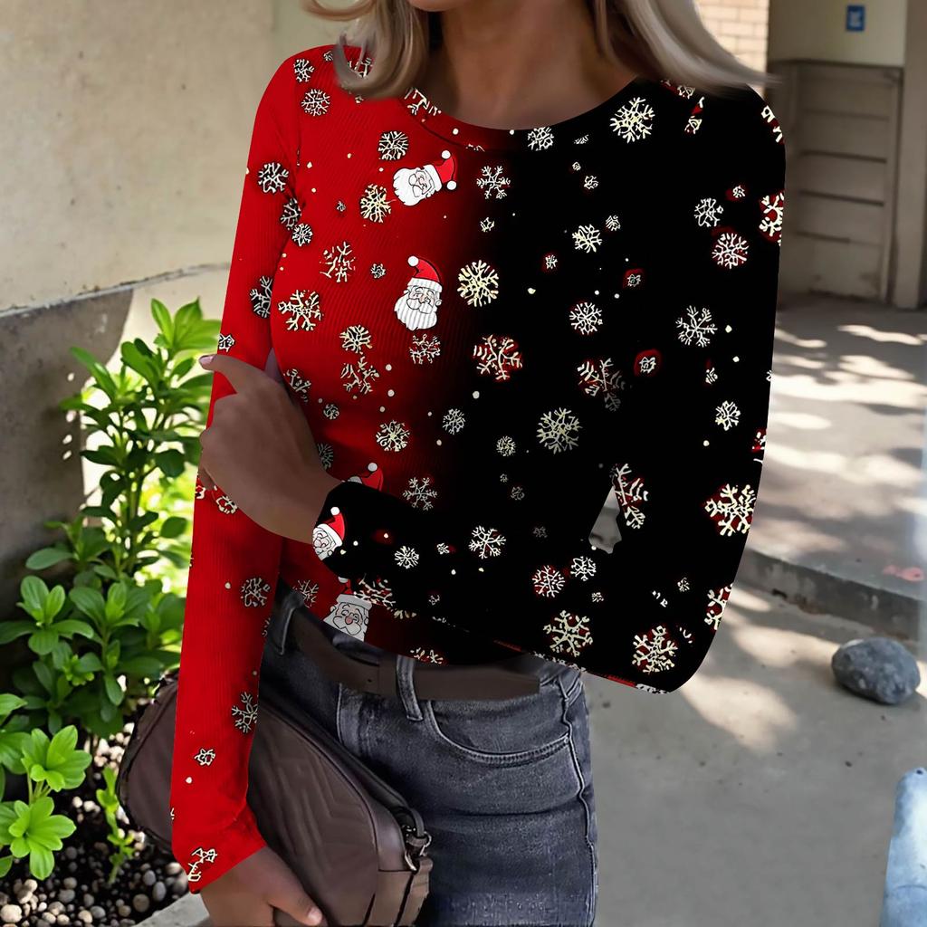 Women's  Slim Bottom T-shirt Fashion Casual Gradient Printing Round Neck Pullover Long Sleeve Top