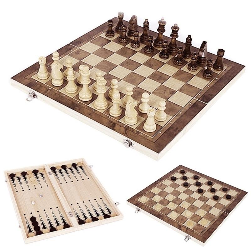 Wood Chess Set Folding Chess Board Game Portable Party Travel Chess Checkers Educational Toy Beginner Chesses Set