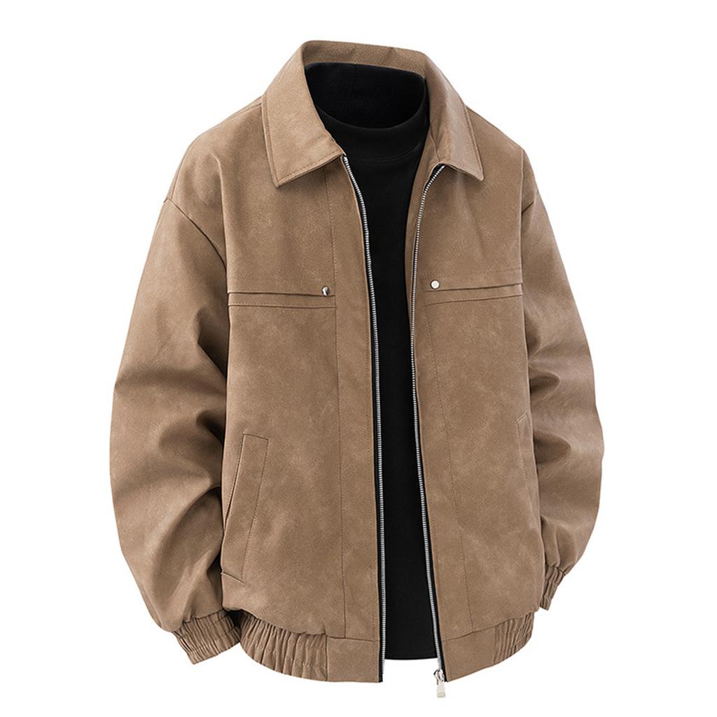 Men's Retro Solid Color Lapel Leather Jacket Casual Sports Loose Coat