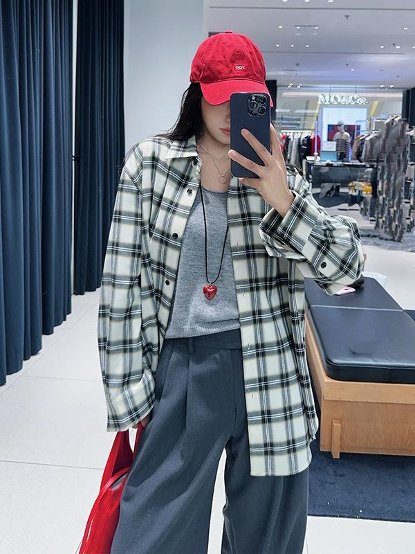 Plaid Unisex Wool Blend Loose Shirt - Spring 2026 Women's Casual Base Layer Top