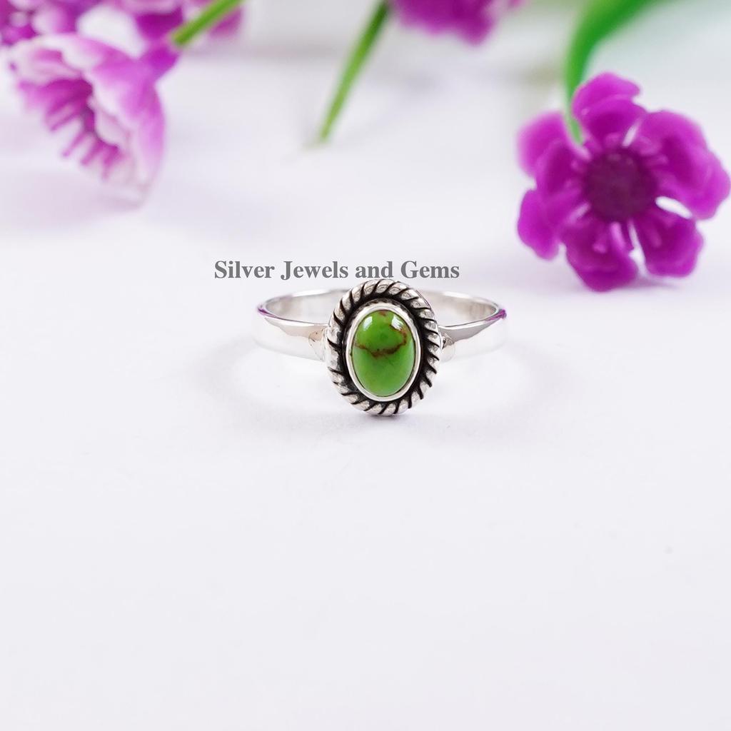 Oval Green Copper Turquoise Ring: 925 Sterling Silver December Birthstone Ring, Dainty Ring