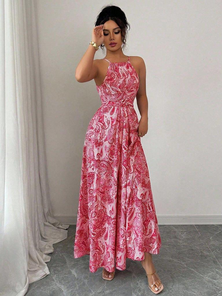 Ethnic Style Women's Halter Maxi Dress - Slimming Waist, Elegant for Beach Vacations