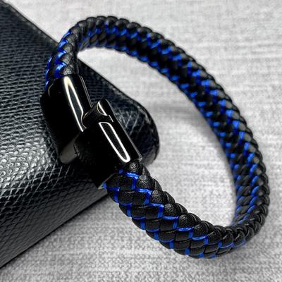 Mode Geflochtenes Schwarz Blaues Lederarmband Herren Edelstahl Magnetverschluss Armreifen Armband CLE