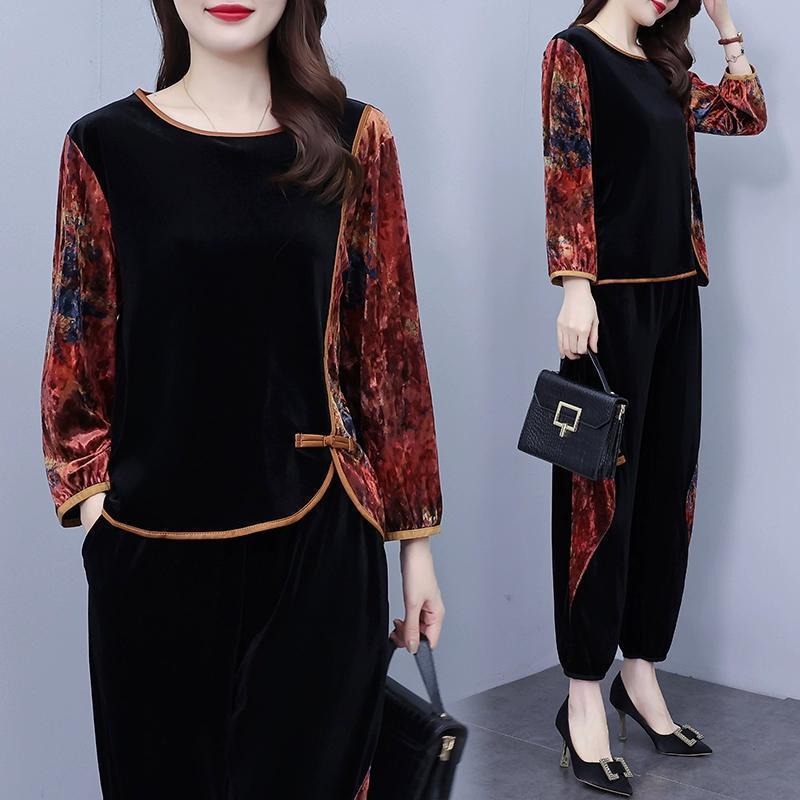 Gold Velvet Two-Piece Set for Middle-Aged Women - Spring/Autumn 2025 Fashion