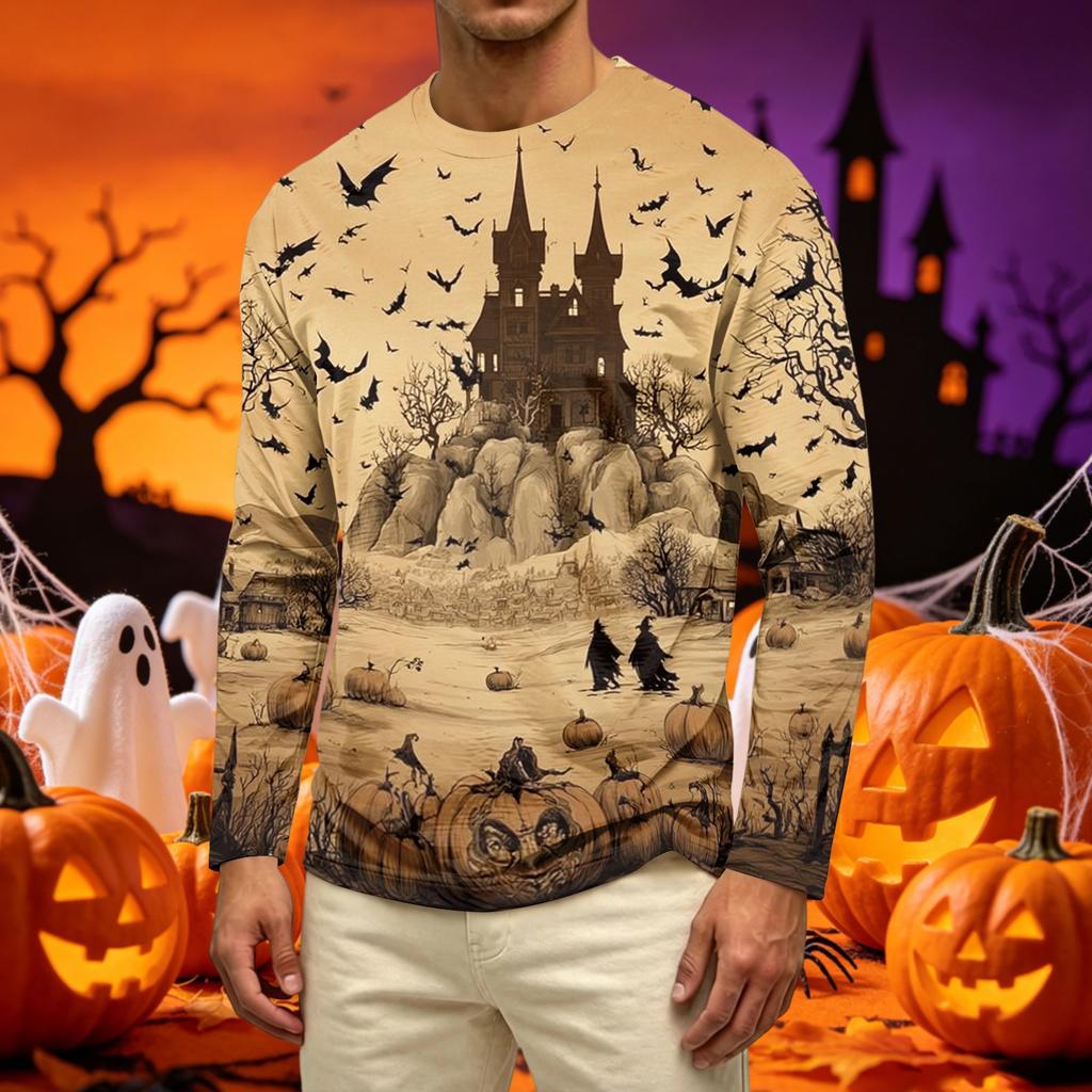 Men's Casual Long Sleeve Crew Neck T Shirt Halloween Pumpkin Ghost Print Lightweight Comfortable Fit Top