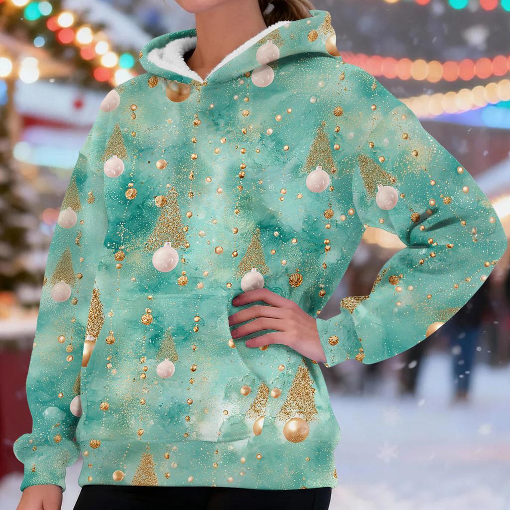 Women's Fashionable Casual Long-Sleeved Christmas Print Fleece-Lined Thick Hooded Sweatshirt