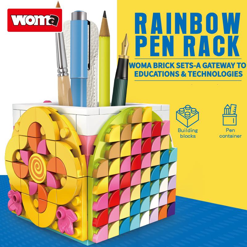 School Season Rainbow Pen Holder Cartoon Building Block Pen Holder Children Diy Small Particles Assembled Girl Gift Ornament