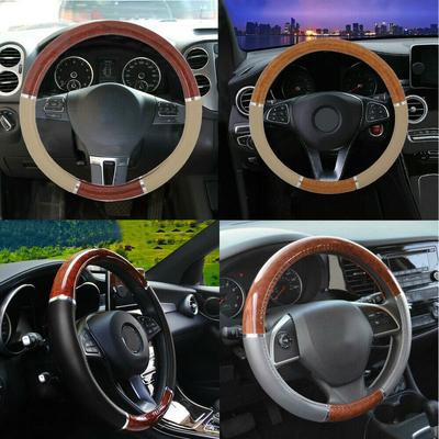 Ahşap Tahıl direksiyon kılıfı Oto Araba Tuning SUV Lux Kavrama PU Deri Evrensel Vintage İç Parçaları Araba