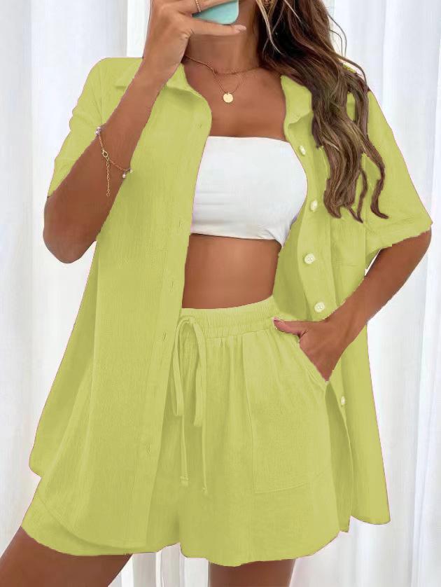 Women Wide-leg Shorts Summer Shirts Suit Two Piece Set Short Sleeve Casual Long Blouse Pockets Loose Outfits