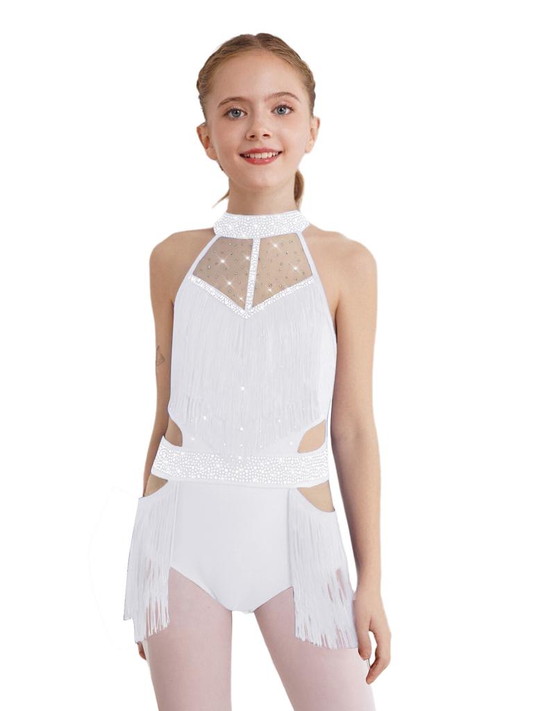 Girls Latin Dance Bodysuit Sleeveless Cutout Back Design Sheer Mesh Patchwork Shiny Rhinestones Tassel Leotard