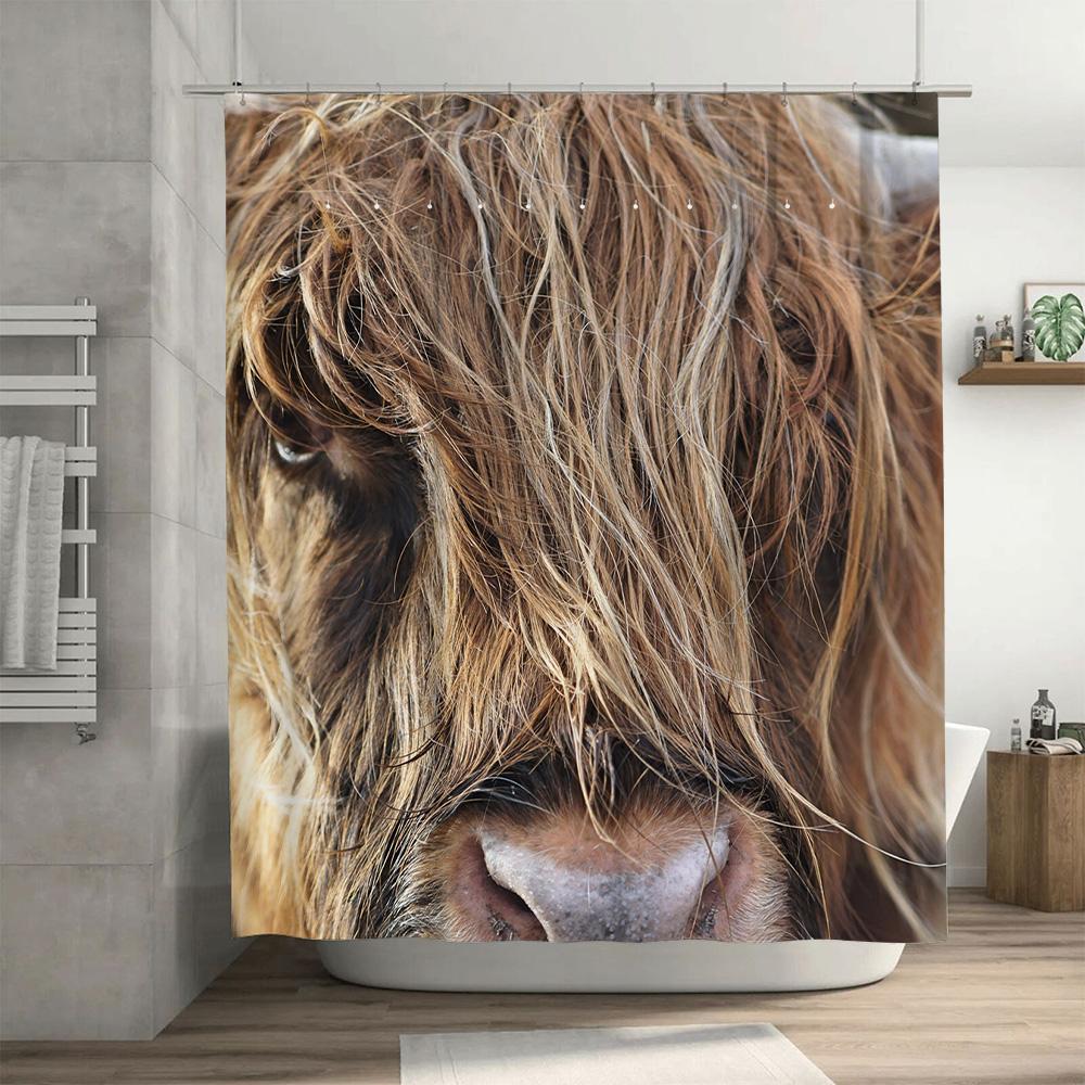 Highland Cow Animal Print Shower Curtain Waterproof Bath Mat Room Decoration Home Decorations (C029)