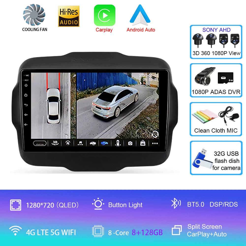 Car Radio Android 14 Multimedia Player For Jeep Renegade 2016-2020 Carplay Android Auto Stereo 4G Wifi 360 camera head unit DVD