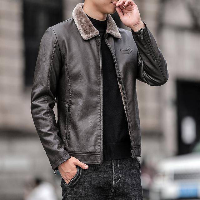 New Leather Jacket for Men Windproof Breathable Motorcycle Coat Thin Fur Collar Fleece Korean Fashion Street Wear Male