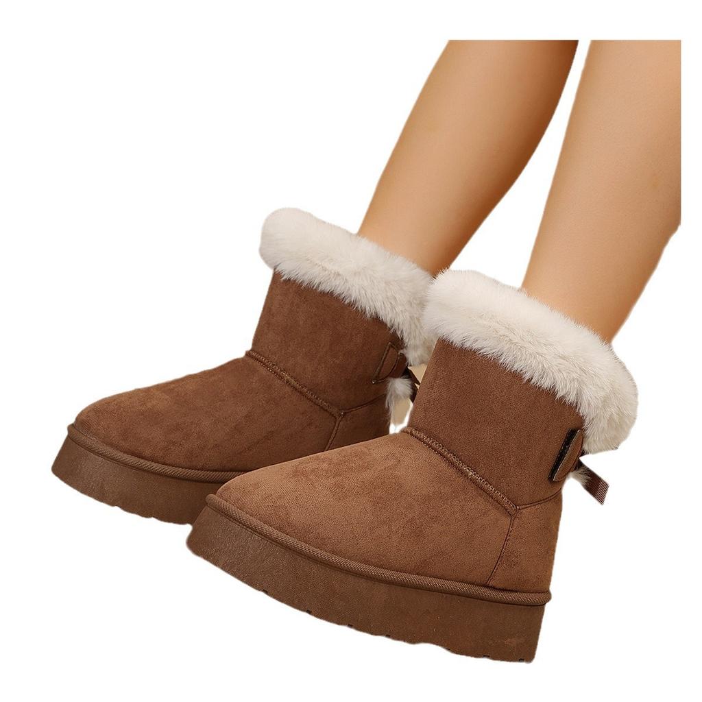 Fashion Snow boots women 2025 winter plush and thick fur boots suede bow thick bottom sleeve short boots