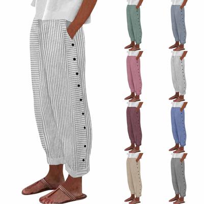 Women Casual  Stripe Print Side Button Up Trendy Pants Baggy Elastic Waist Straight Leg Comfort Trousers With Pocket