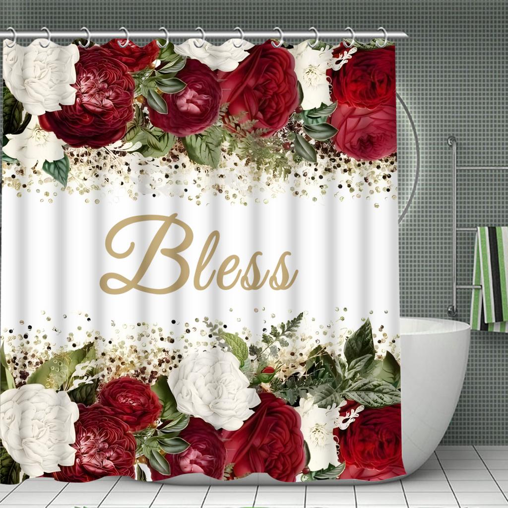 4 Stück Rose Segen Druck Wasserdichter Duschvorhang Mit 12 Haken Rutschfester Badezimmerteppich WC U-Form Matte Toilettendeckel Abdeckung