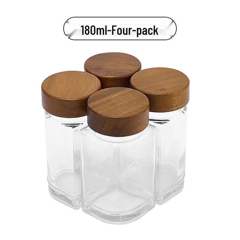 Acacia Wood Glass Seasoning Bottle Set - Pepper, Salt, Spices - 4-Piece Square Sprinkler Jars