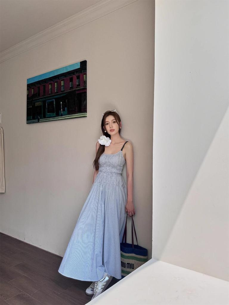 Women's Blue Suspender Dress - Summer 2025 French Seaside Holiday Waist-Cinching Long Dress