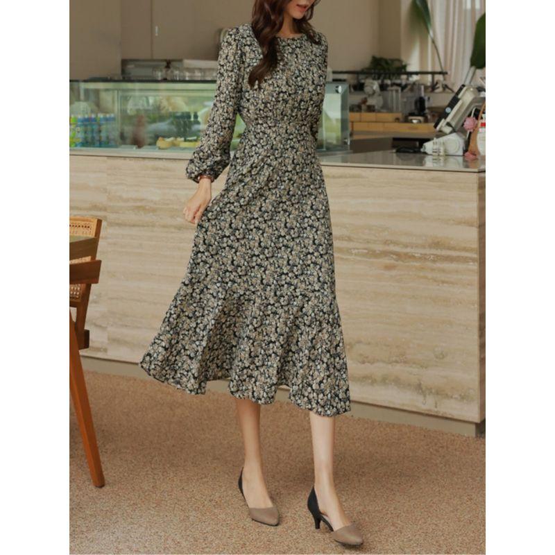 Sweet Plus Size Women's Clothing K-style Spring and Autumn Round Neck Small Floral Flounce Mid Length Long Length Long Sleeves Dress Trendy L-4XL