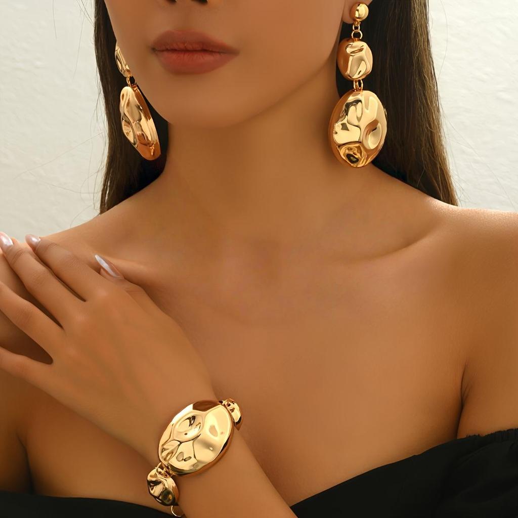 Elegant Oval Pleated Jewelry Set: Irregular Glossy Pendant Earrings & Necklace
