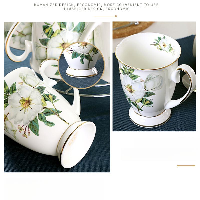 Fine Bone China Coffee Mugs Set of 4, Hand Drawn Gold Rimmed Floral Mugs, Porcelain Bone China Tea Cup with Lid, 300ml Elegant Office Home Tea Sets