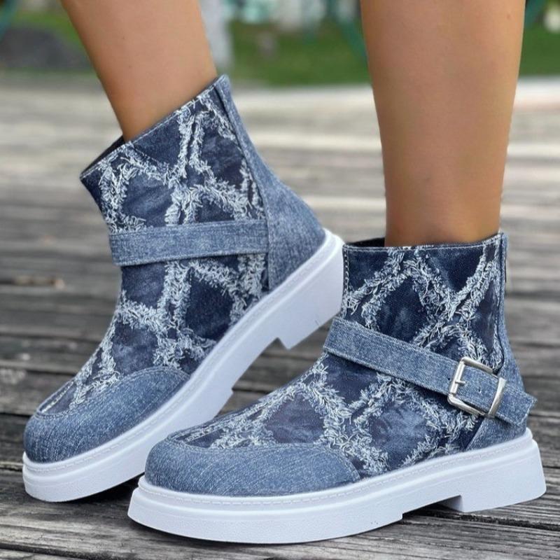 2025 Winter New Ankle Boots Women Flats Boots Belt Buckle Checkered Fashion Designer Trend Women Shoes Cozy Casual Boots