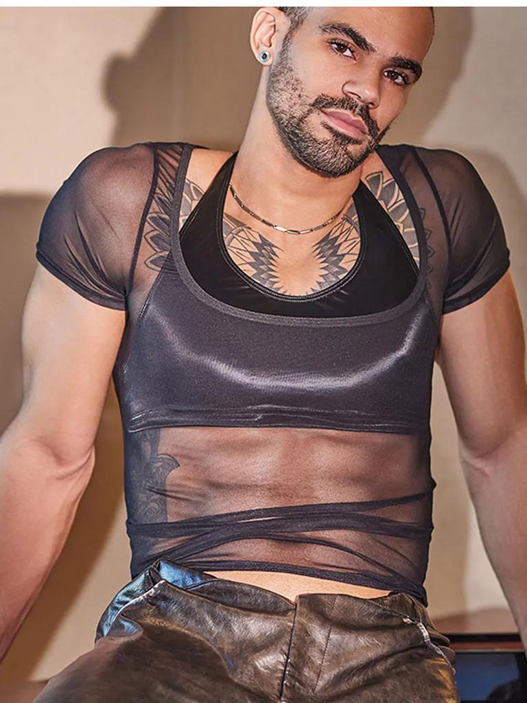 Men Short Sleeve T-Shirts Sexy Mesh See Through Man Clothing Shaper Wear Breathable High Elastic T-Shirts Exotic Night Club Tops