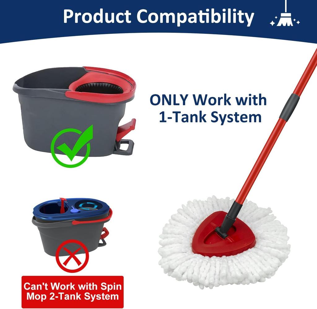 Mop Replace Heads Mop Handle and Mop Base Replacement for O-Cedar/Vileda EasyWring 1-Tank Spin Mop System(No Bucket)