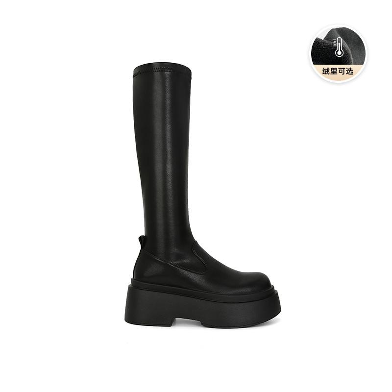 

Cowhide boots Women s heightened thick-soled leather boots Elastic thin boots Tall knight Spice Girl boots 40
