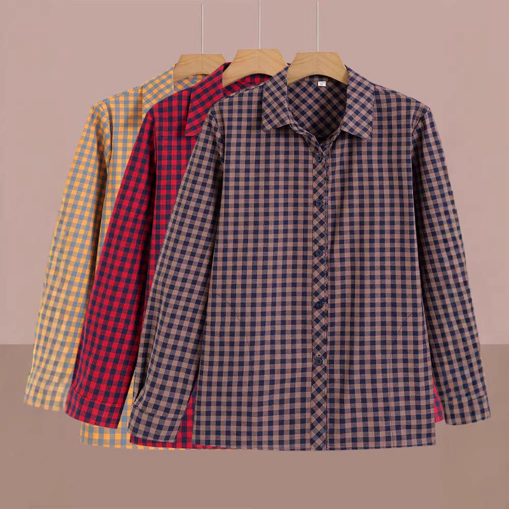 Spring/Autumn Plaid Loose Long-Sleeve Shirt for Women Aged 50-60