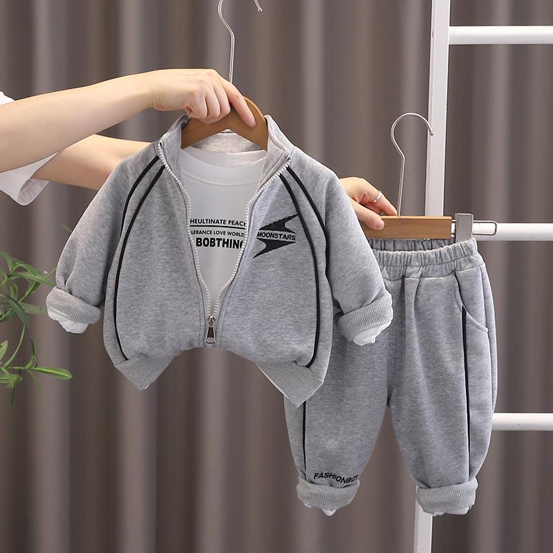 

Комплект из 2 предметов с длинным рукавом для мальчиков, куртка на молнии для 0-5 лет, футболка с круглым вырезом и принтом букв, повседневные брюки, детская одежда высокого качества S серый