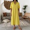 Dames Lente Zomer Katoen Linnen Shirtjurk Casual Los Korte Mouw Kraag Effen Kleur Comfortabele Midi Jurk voor Dagelijks Gebruik