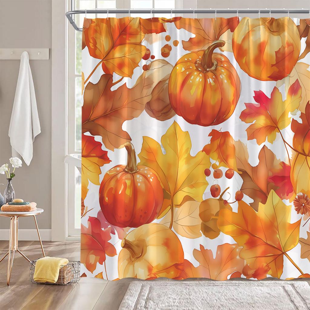 Herbstkürbis Cartoon Druck Duschvorhang Erntesaison Ahornblätter Fallendes Laub Herbstlandschaft Badezimmer Dekoration Natur Badvorhang