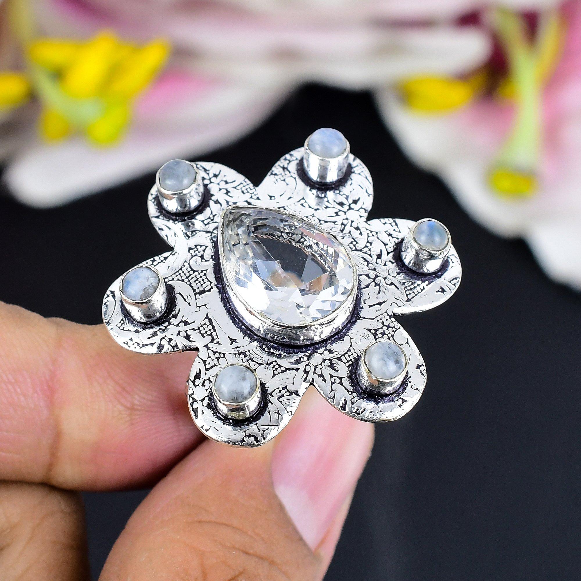 

White Topaz, Moonstone Gemstone 925 Sterling Silver Jewelry Ring Size 10 KG-1692