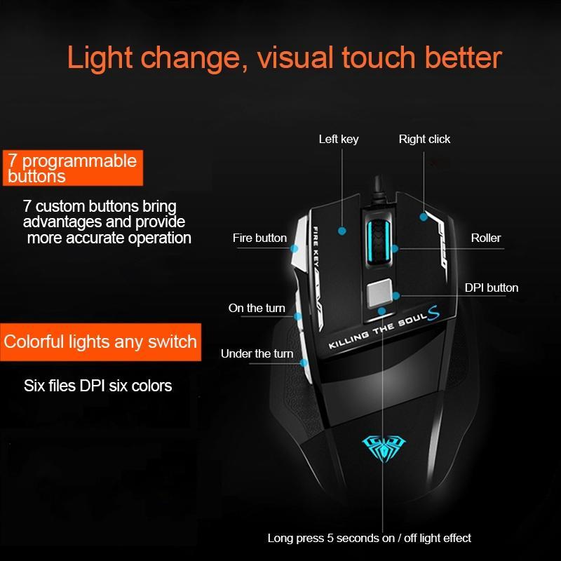 AULA SoulKiller II Gaming Mouse Wired 3500DPI 7 Buttons RGB Breathing Light Ergonomic 1000Hz Polling Rate Programmable Mice