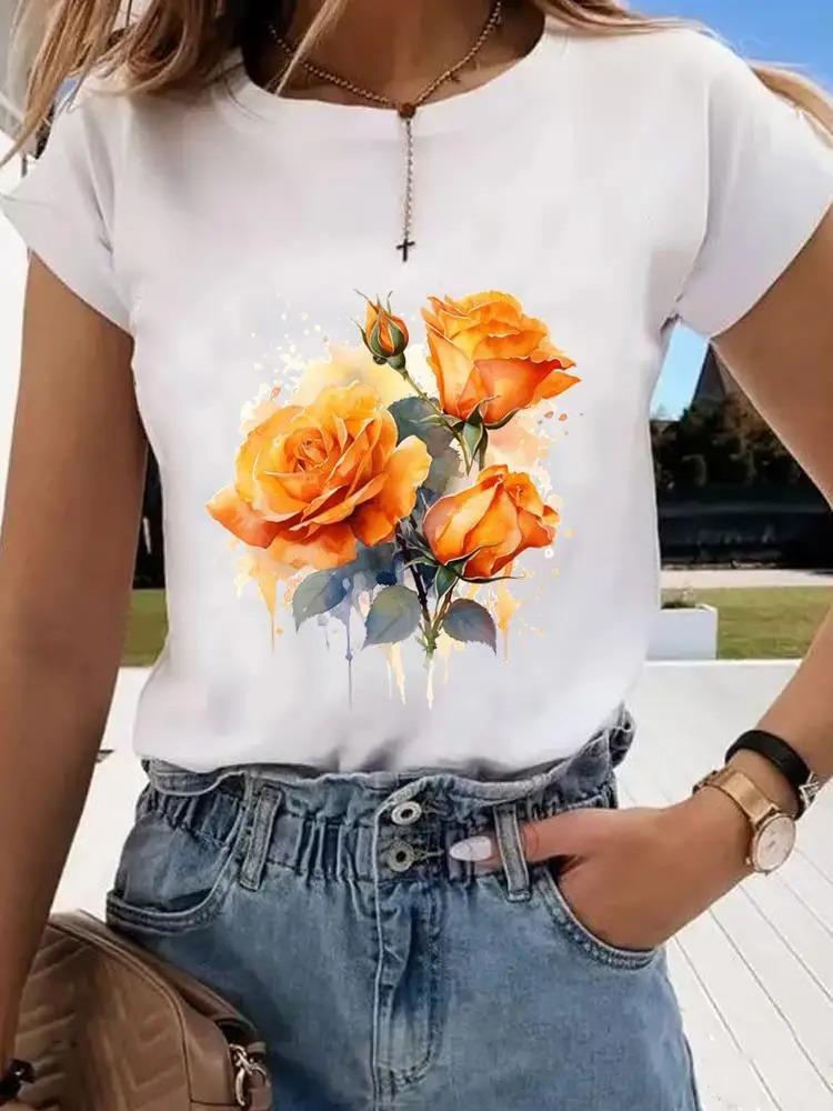 Flower Sweet Trend Cute 90s Tshirt Ladies Fashion Basic Women Graphic Short Sleeve Clothing Tee Top Clothes Print T Shirt