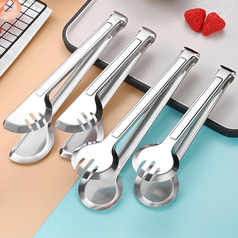 Thickened Stainless Steel Kitchen & BBQ Food Tongs for Bread, Steak & Steamed Buns
