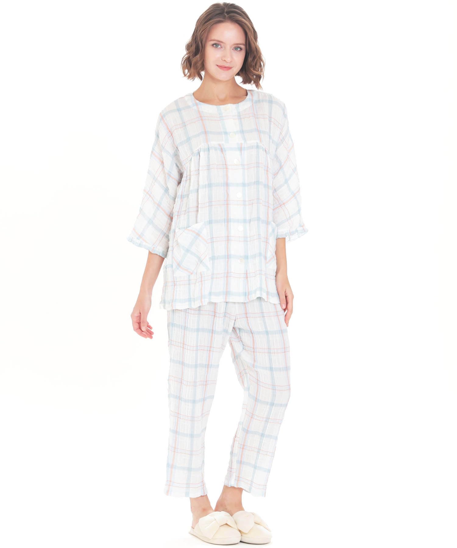 

Shirred double gauze check relaxed pajamas