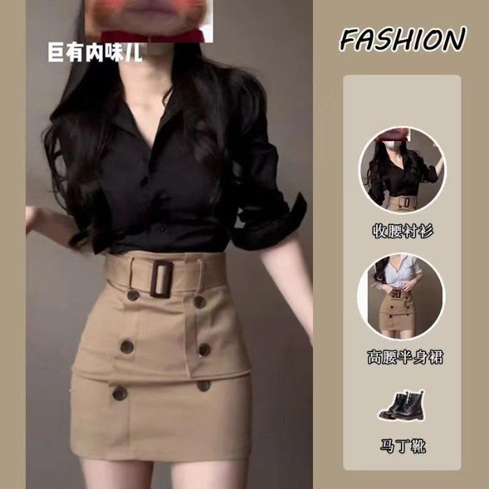

Suit Women s Spring New Pure Desire Sweet Spice Girl Skinny Temperament Waist Shirt Button Design Butt Wrap Short Skirt S чёрный
