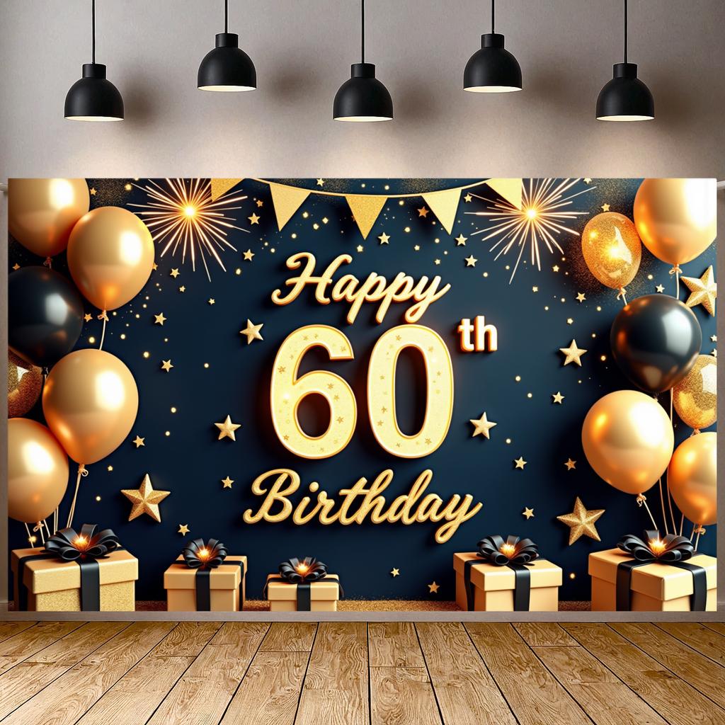 60th Party Banner Dark Blue Background 60th Birthday Display Birthday Milestone Backdrop 3D Number Lettering For Birthday